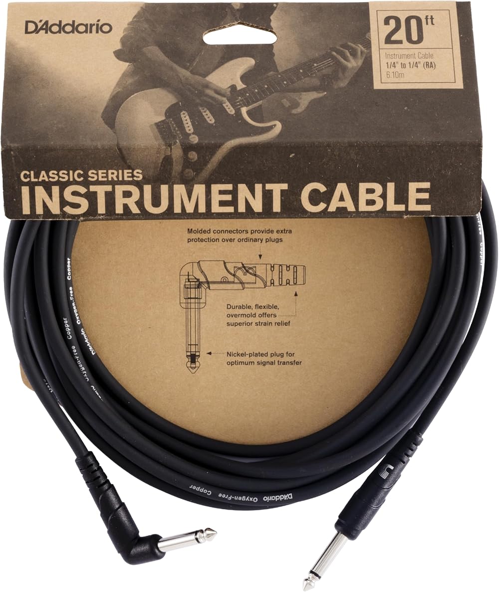 D Addario Classic Series Instrument Cable 20 ft Right Angle Copper Conductors