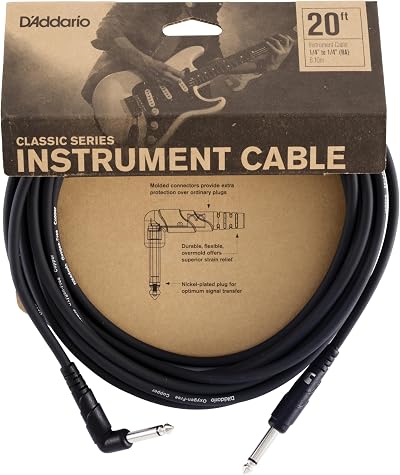 D Addario Classic Series Instrument Cable 20 ft Right Angle Copper Conductors