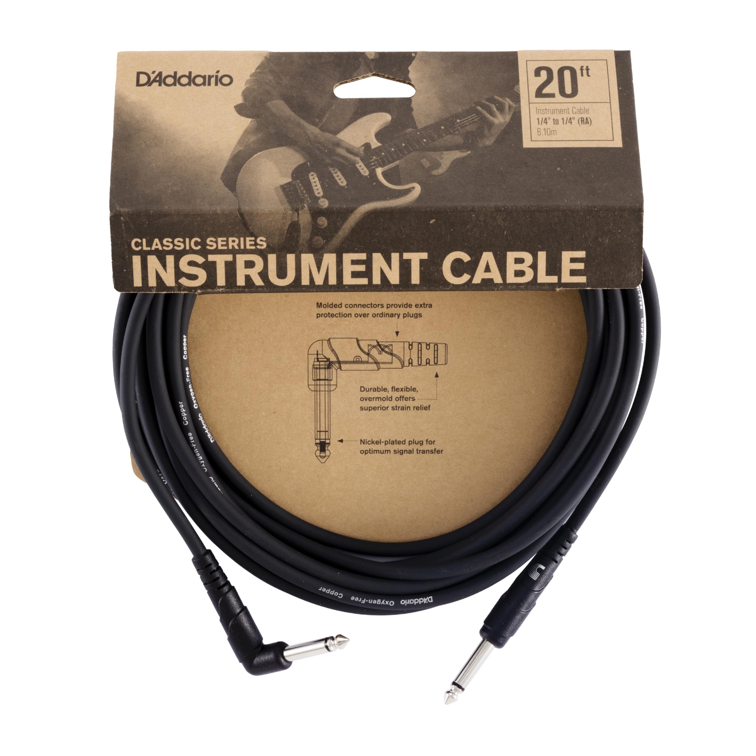 D’Addario Accessories Classic Series Guitar Cable - Instrument Cord with ¼ Inch Ends - Durable & Reliable - Bass or Guitar Cord - Right Angle - 20 feet