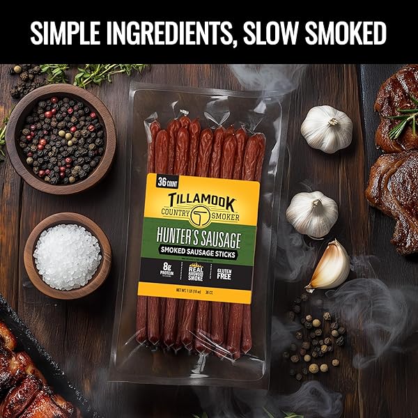 TILLAMOOK COUNTRY SMOKER REAL HARDWOOD SMOKED SAUSAGES, HUNTER’S SAUSAGE MEAT STICKS, LOW CARB, HIGH PROTEIN, READY TO EAT SNACKS, 36 COUNT BULK PACK