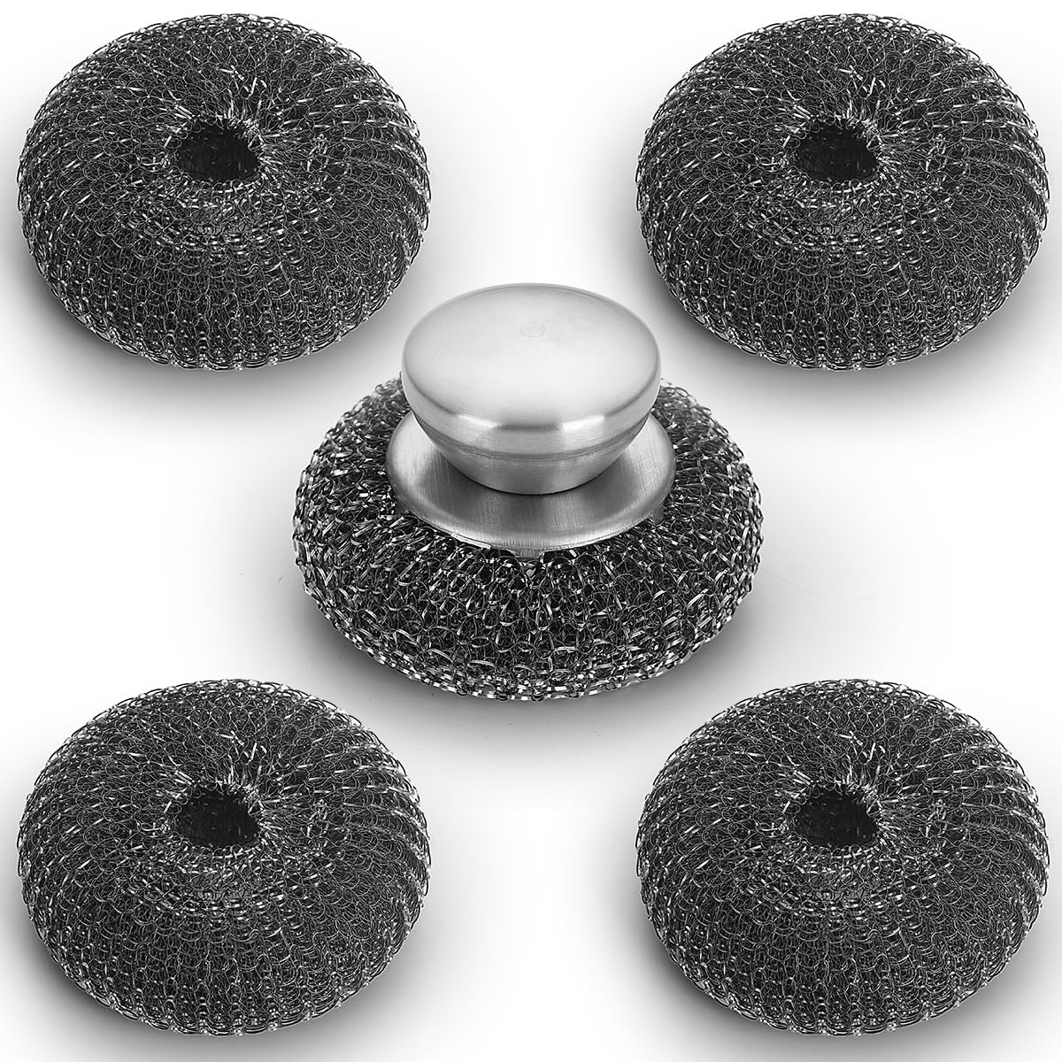 Kyraton Stainless Steel Scourers With Handle To Protect Your Hand Set Of 5, Big Metal Wire Wool 10 x 10cm Confortable To Hold And Durable And Strong