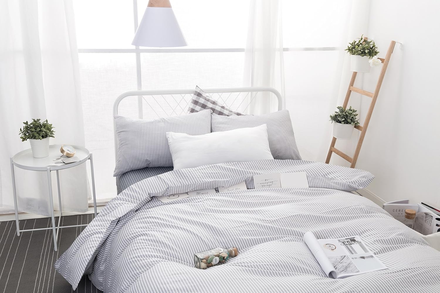 Wake In Cloud - Gray White Striped Comforter Set, Grey White Vertical Ticking Stripes Modern Pattern Printed, 100% Cotton Fabric with Soft Microfiber Inner Fill Bedding (3pcs, King Size): Home & Kitchen