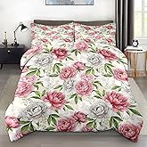 Pamnest Comforter Set Full Size, Floral Botanical Flower Soft 3 Pcs Bedding for Kids and Adults, Pink White Peony Comforter Set with Pillowcase, for Bedroom Bed Decor