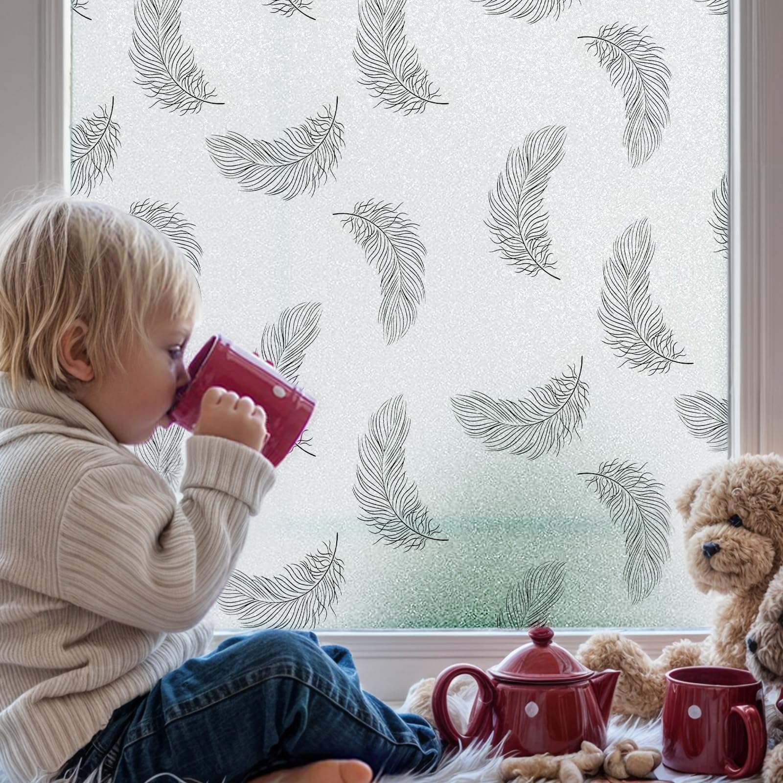 DUOFIRE Boho Window Privacy Film Feather Pattern Static Cling Anti-UV Decorative Glass Covering, Pre