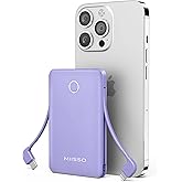 miisso 6000mah Ultra Slim Built in Cables Power Bank, Card Size Built in USB C Cords Battery Pack Portable Charger for Phones, 3 Output External Battery Pack Compatible with iPhone, Purple