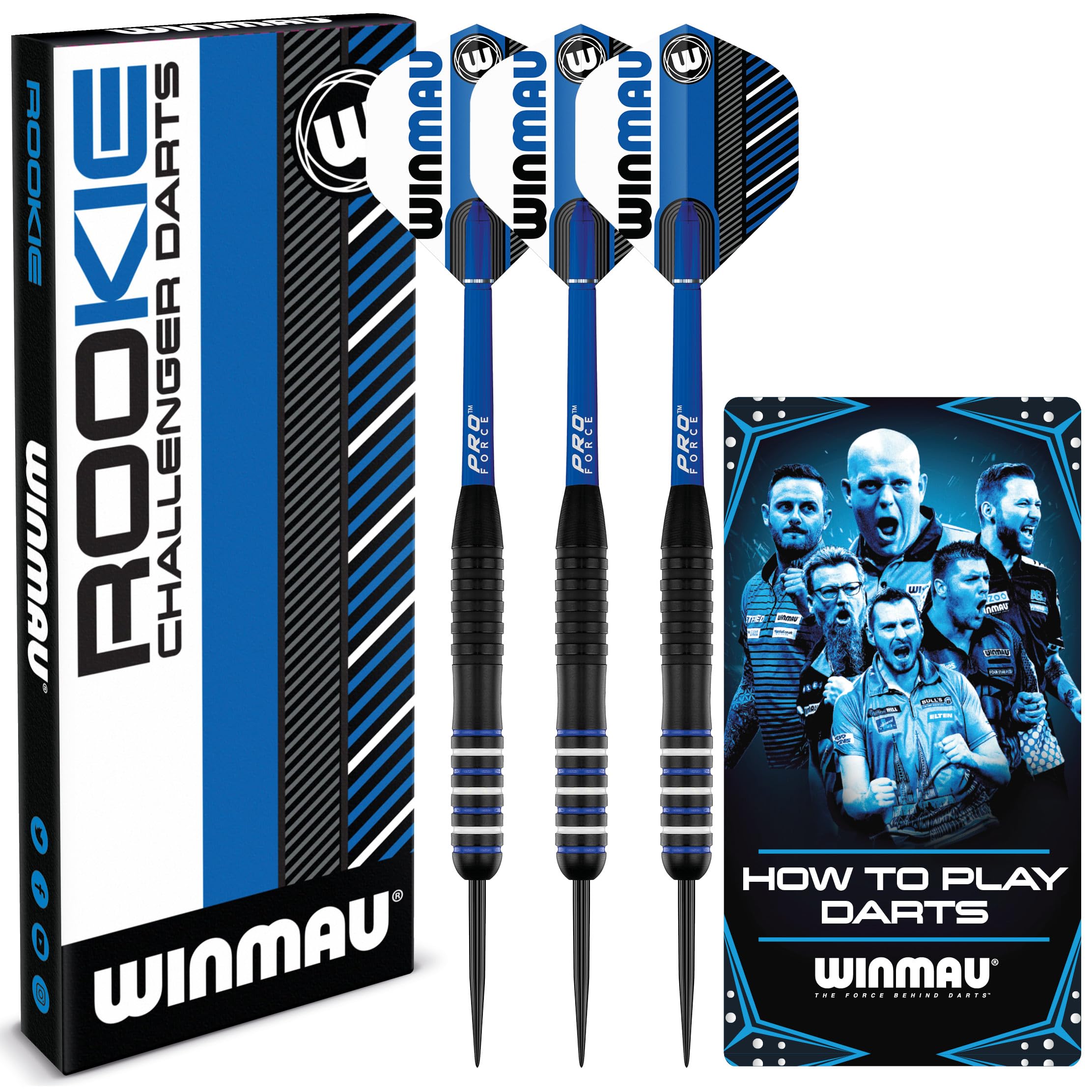 WINMAU Rookie Blue Steeltip Brass Darts Set | Single or Multi Sets | Includes Flights and Shafts (Stems) | Exclusive Darts Booklet | Blue, Red and Green |