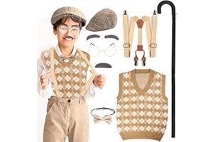 FAYBOX Old Man Costume 100 Days of School Costume for Kids Boys,Halloween Grandpa Costume Accessories Set