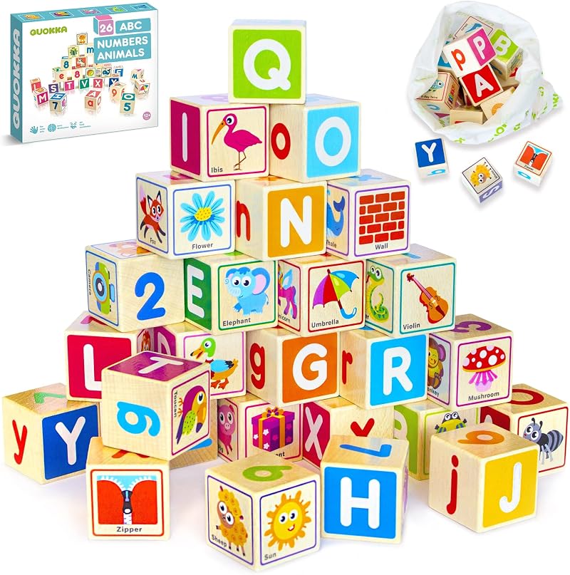 QUOKKA Wooden Building Blocks 26 Letter Numbers Puzzle Toddlers Educational