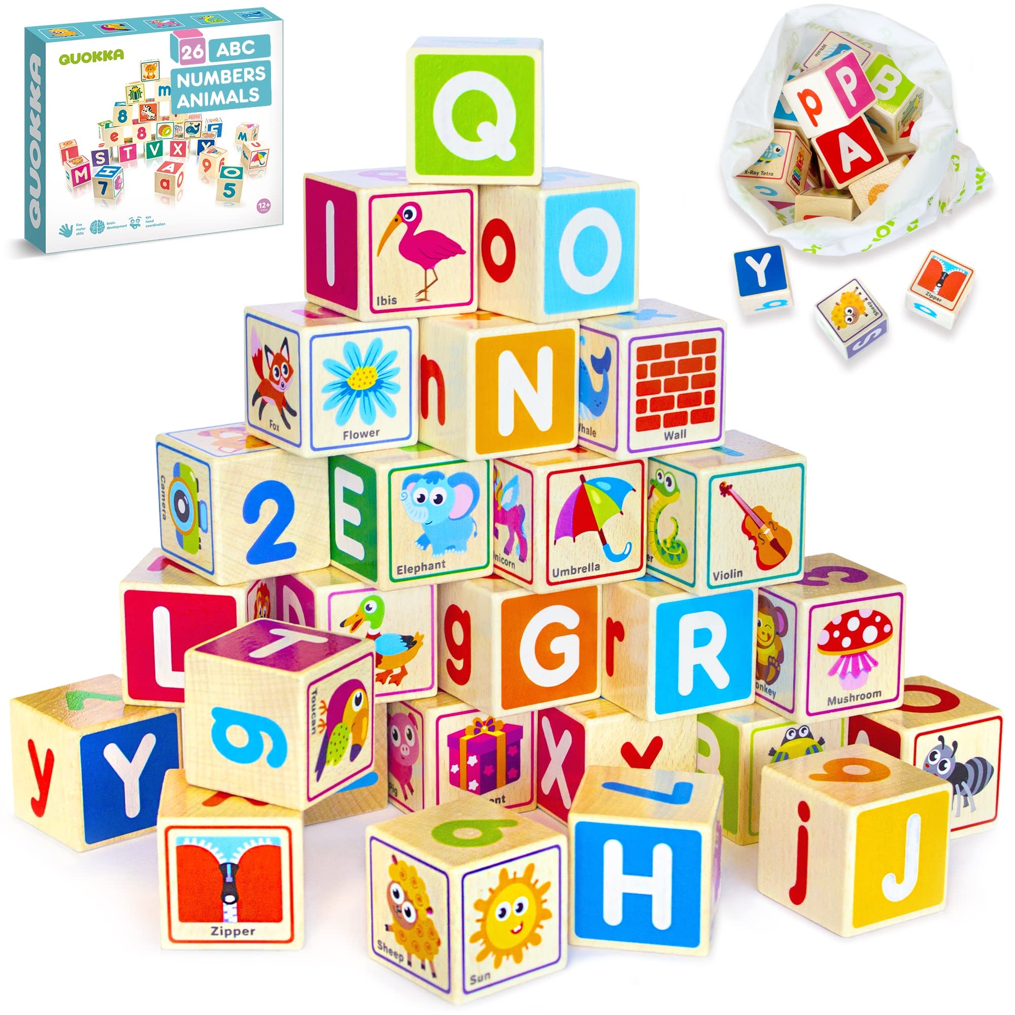 QUOKKA Wooden Building Blocks for 1 2 3 Year Olds - Baby Blocks Toys for Boys & Girls - 26 Number & Alphabet Puzzle Blocks for Toddlers - Educational Game for 4 5 6 Year Old Kids