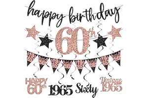 GUIRUIY 12PCS 60th Birthday Decorations for Women, Rose Gold Vintage 1965 Happy 60th Birthday Banner Triangle Flag Banner Glitter Hanging Swirls Party Supplies, Cheers to 60 Years Old Bday Decor