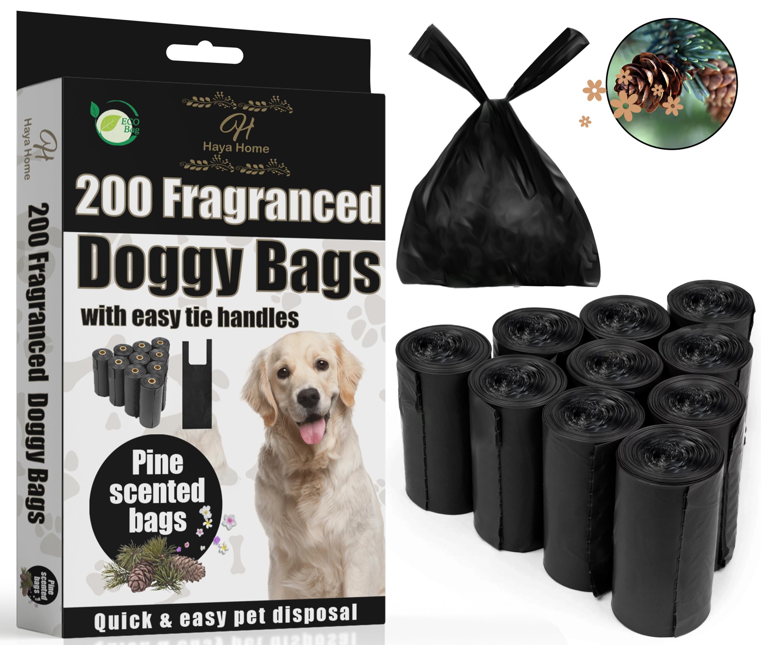 H Haya Home 200 Pine Scented Eco Tie Handles Large Dog Poo Bags on Roll Leak Proof Tear‑Resistant Dog Poo Bags Extra Strong Doggy Poop Waste Bags Environmentally Friendly Made From Recyclyed Material