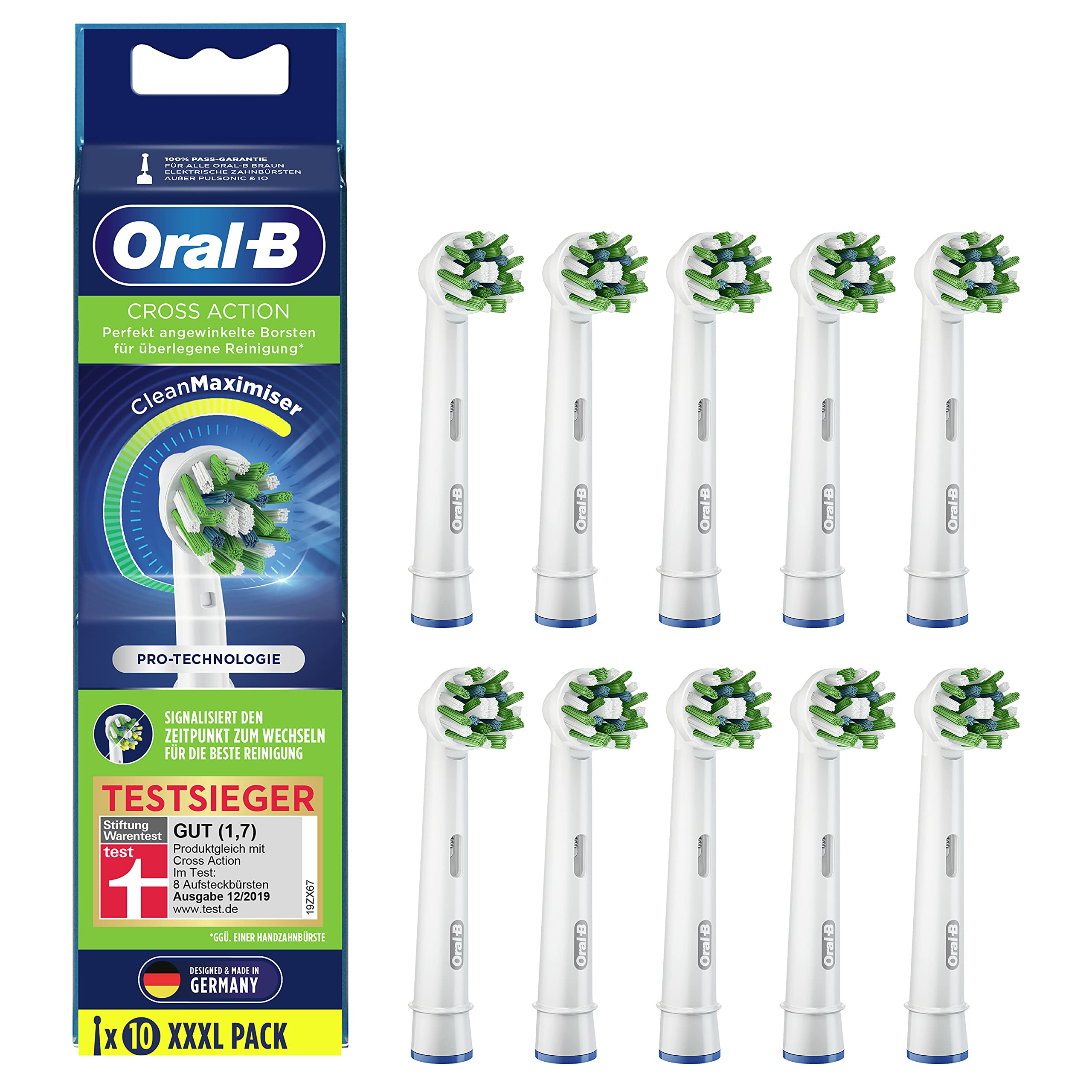 Oral-B CrossAction Electric Toothbrush Heads Pack of 10 Holistic Mouth Cleaning with CleanMaximiser Bristles Toothbrush Attachment for Oral-B Toothbrushes