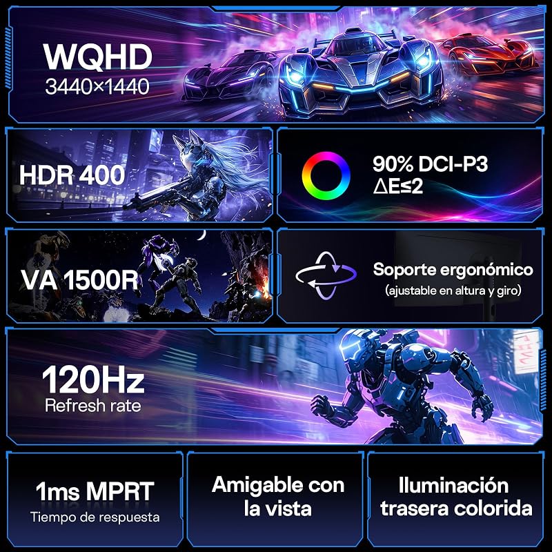 Monitor curvo para jogos 34 polegadas UWQHD(3440x1440) VA 120Hz, 1ms MPRT