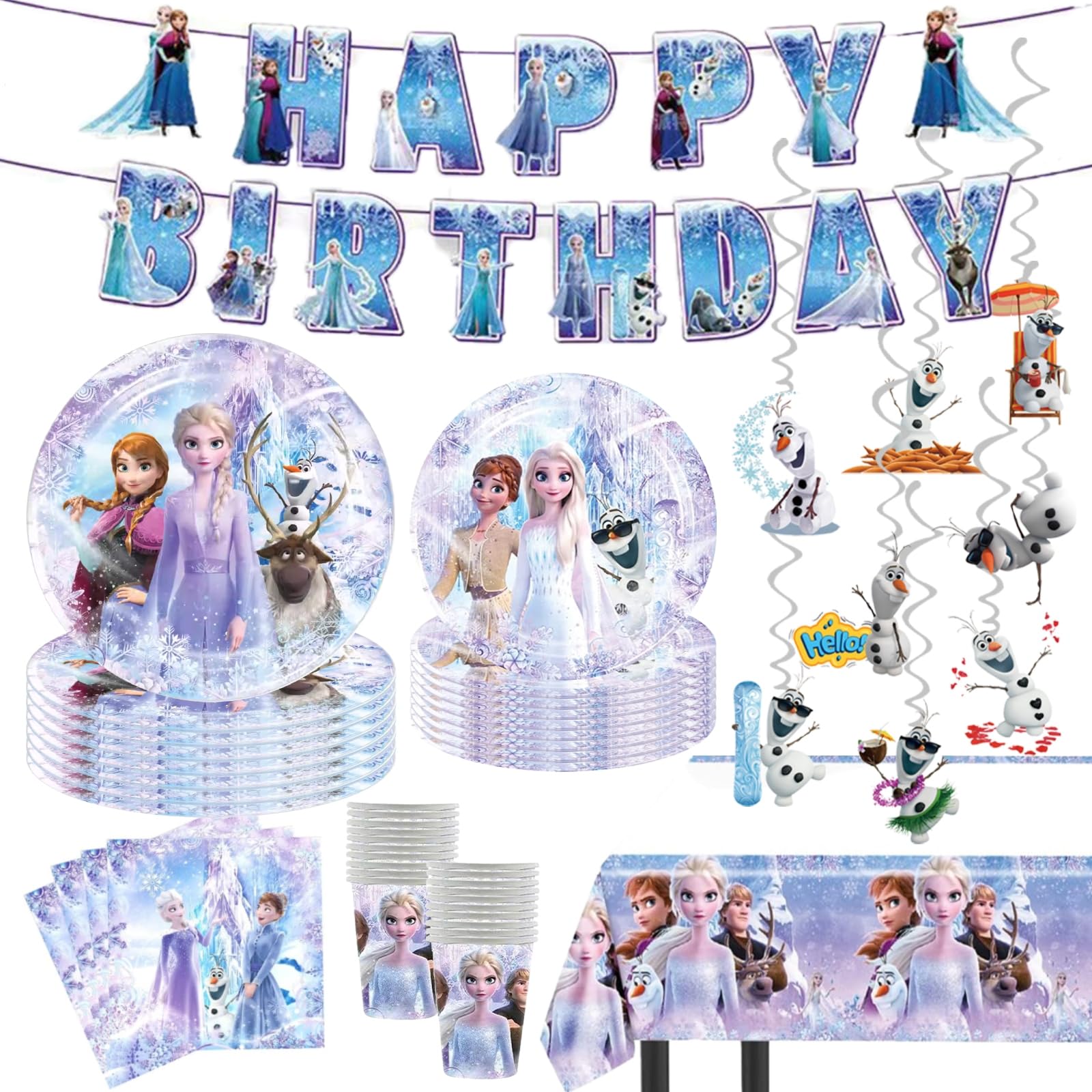 Photo 1 of Frozen Birthday Party Supplies Set, Pink Theme, with Banner, Plates, Cups, Utensils, Napkins, Tablecloth