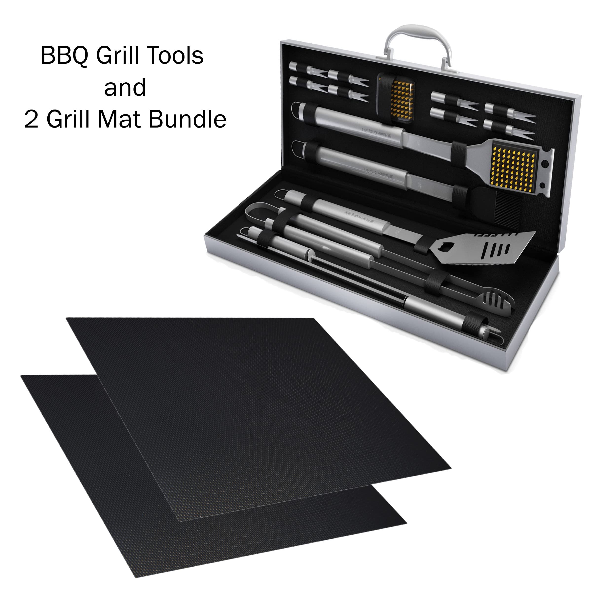 Home-Complete 18-piece BBQ Grill Set, 16-pc Stainless Steel Barbecue Tools Kit with Aluminum Case and 2-pack BBQ Grill Mats