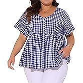 Agnes Orinda Plus Size Gingham Tops for Women 1950s Plaid Short Sleeve V Neck Summer Babydoll Peplum Top Blouse
