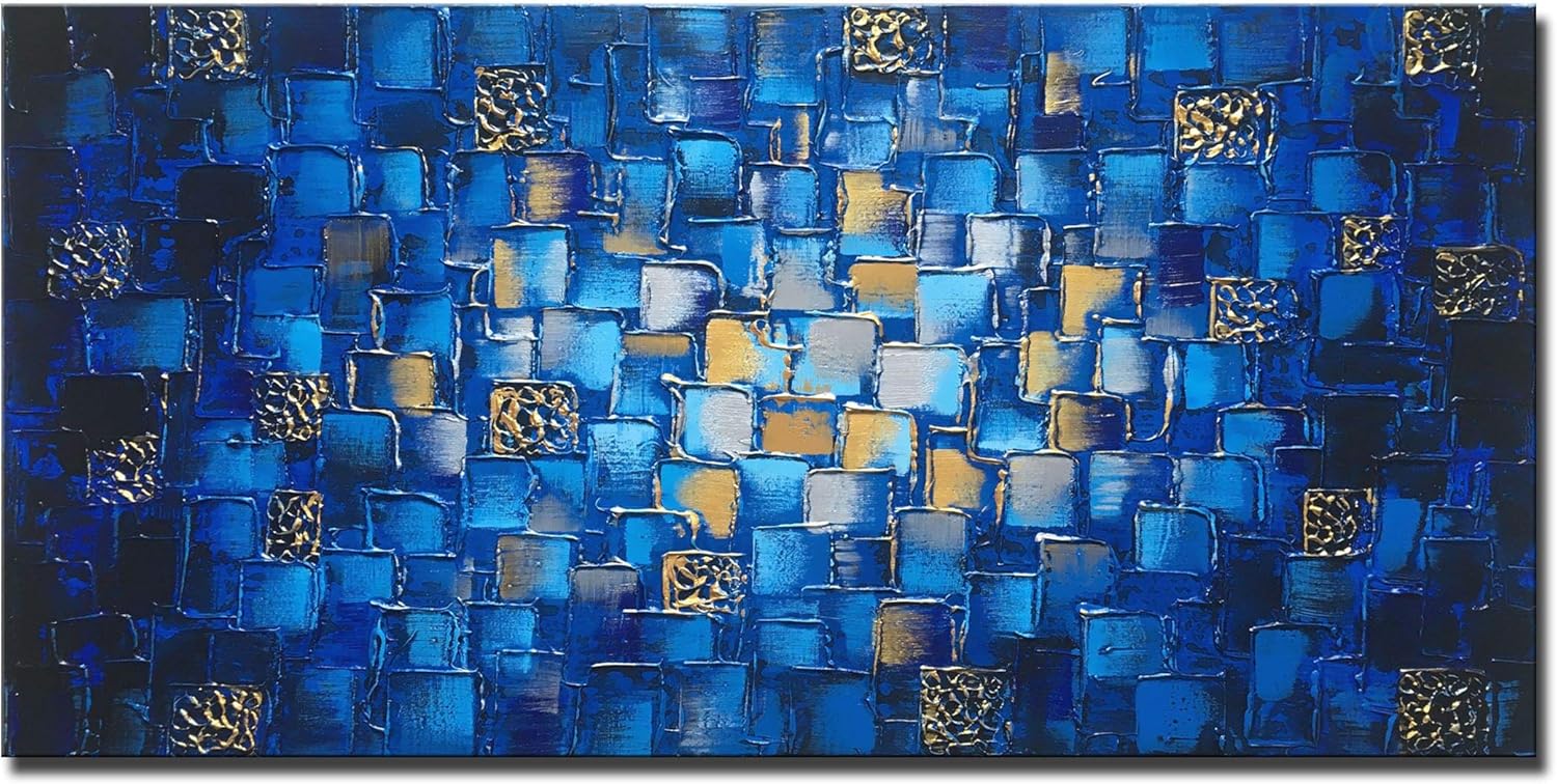 Paintings - MyArton Large Thick Abstract Dark Blue add Golden&Silver Square Wall Art Hand Painted Artwork Textured Oil Painting on Canvas Framed Ready to Hang 60x30inch