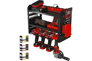 BUILTSTRONG Power Tool Organizer Wall Mount - 3-Tier Heavy-Duty Metal Hand Tool Storage Rack, Utility Racks, Drill Holder, PegBoard Side, & More - Garage Storage Cordless Tool Organizer (Black)