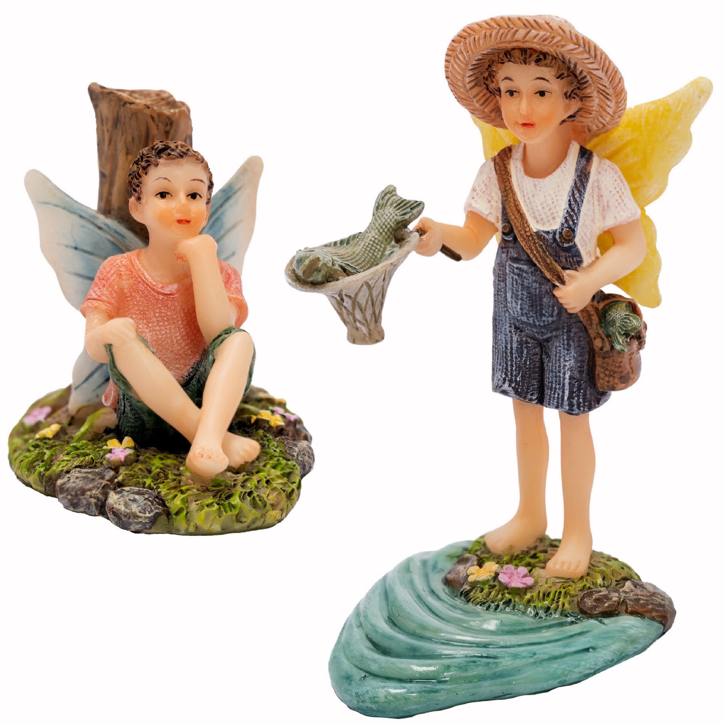 PRETMANNS Fairies for Fairy Garden - Fishing Boy Figurines – Accessories for Indoor or Outdoor Miniature Garden – 2-Piece Set
