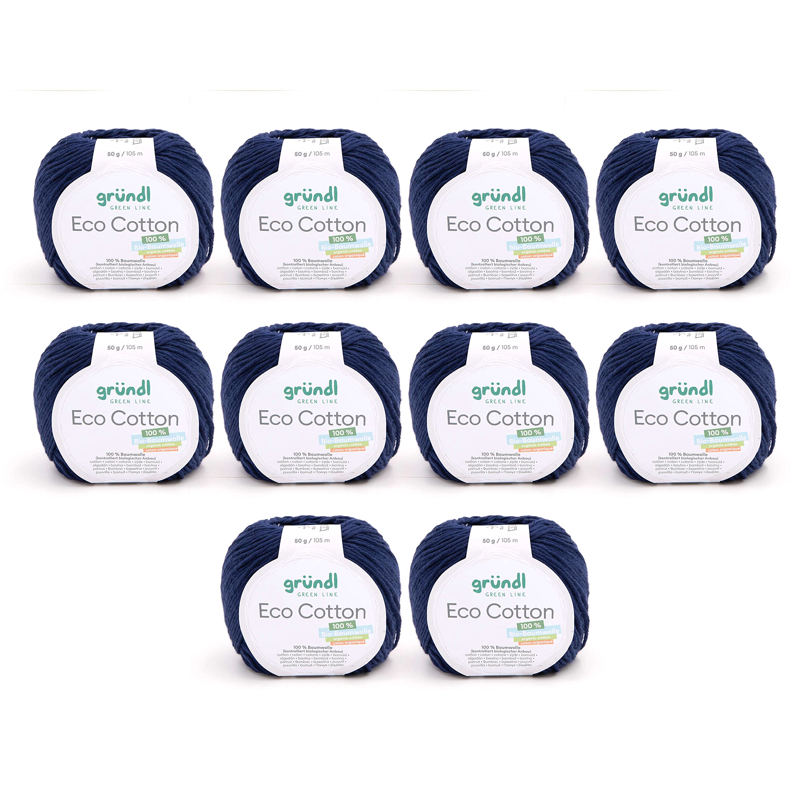 Gründl Eco Cotton Wool (Yarn Made from 100% Organic Cotton, Oeko-Tex® Certified, Easy Care & Washable, 50 g/105 m, Needle Size: 3.50-4.50 mm, 10 x 50 g), Midnight Blue