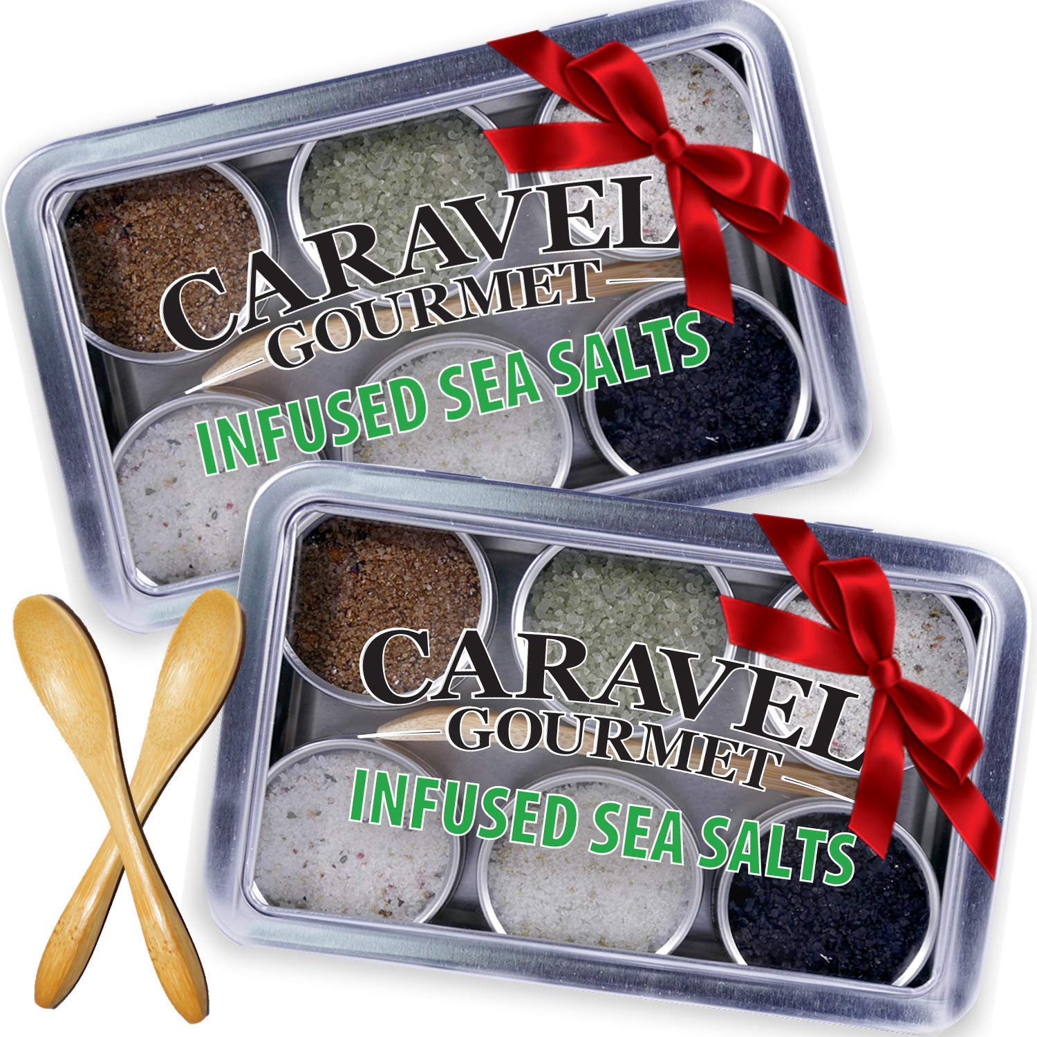 Sea Salt Gift Set - Infused Salt Sampler Collections - 2 each of 6 Flavors and Bamboo Spoons - Great Gifts for Everyone - by Caravel Gourmet