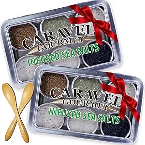 Sea Salt Gift Set - Infused Salt Sampler Collections - 2 each of 6 Flavors and Bamboo Spoons - Great Gifts for Everyone - by Caravel Gourmet