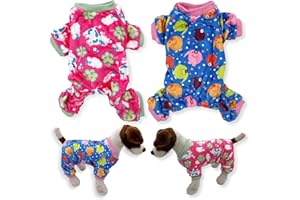 FUNNYDOGCLOTHES Pack of 2 Colors Dog Pajamas Soft Warm Fleece Jumpsuit Cute Pet Clothes for Small and Medium Pet XXS - L (Pack of 2 Colors: Hot Pink Cows, Blue Elephants, XS: Length - 10", Chest 12" - 16")