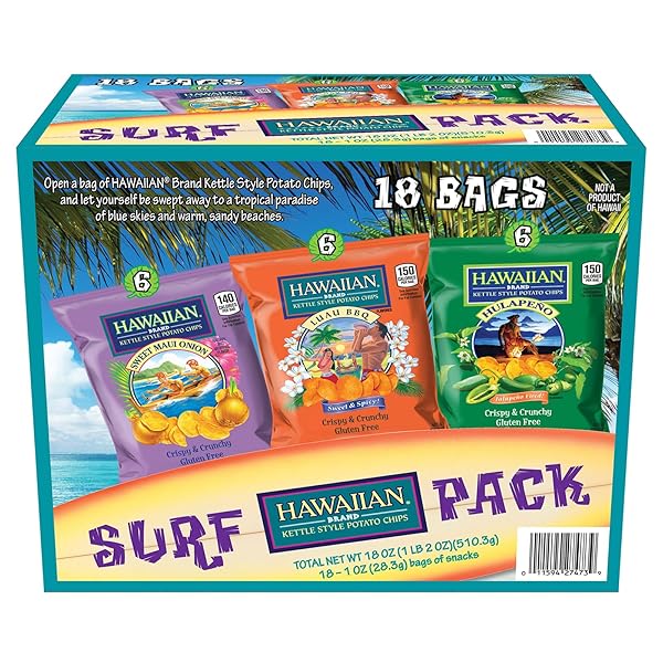 HAWAIIAN BRAND KETTLE STYLE POTATO CHIPS SURF PACK, 18 SINGLE-SERVE BAGS (1 OZ EACH) – INCLUDES SWEET MAUI ONION, LUAU BBQ, AND HULAPEÑO FLAVORS – CRISPY & CRUNCHY, GLUTEN-FREE VARIETY SNACK PACK