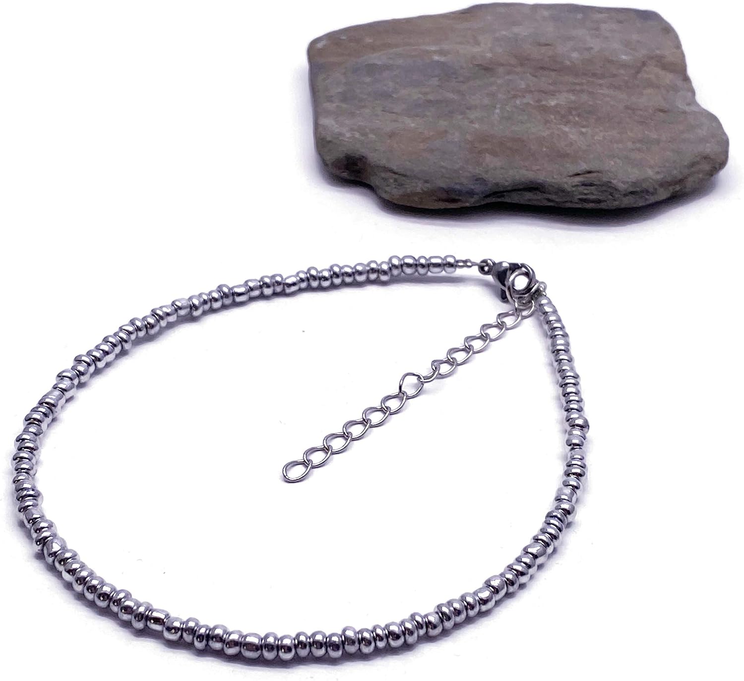 Shiny Silver Glass Seed Bead Anklet with Extension Chain - Adjustable Size : 9-11 inches, Ankle Jewellery for Women - Image 4