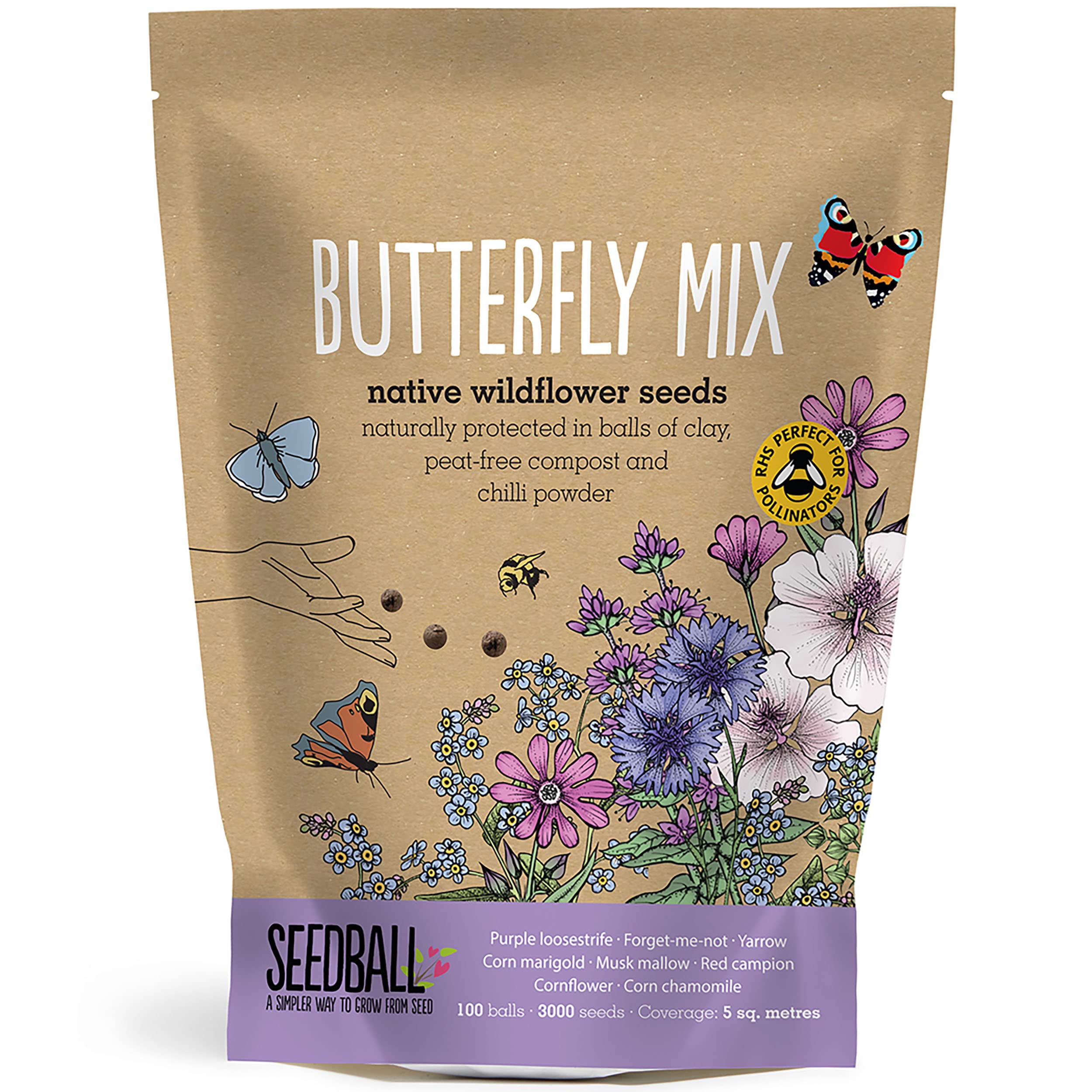 SEEDBALL Butterfly Mix Seed Bombs – 100 Seed Balls Per Pack | British Wildflower Seeds | Clay Protected Seed Bomb for Butterflies – Collection of Purple, Pink & Blue Flowers for Attraction