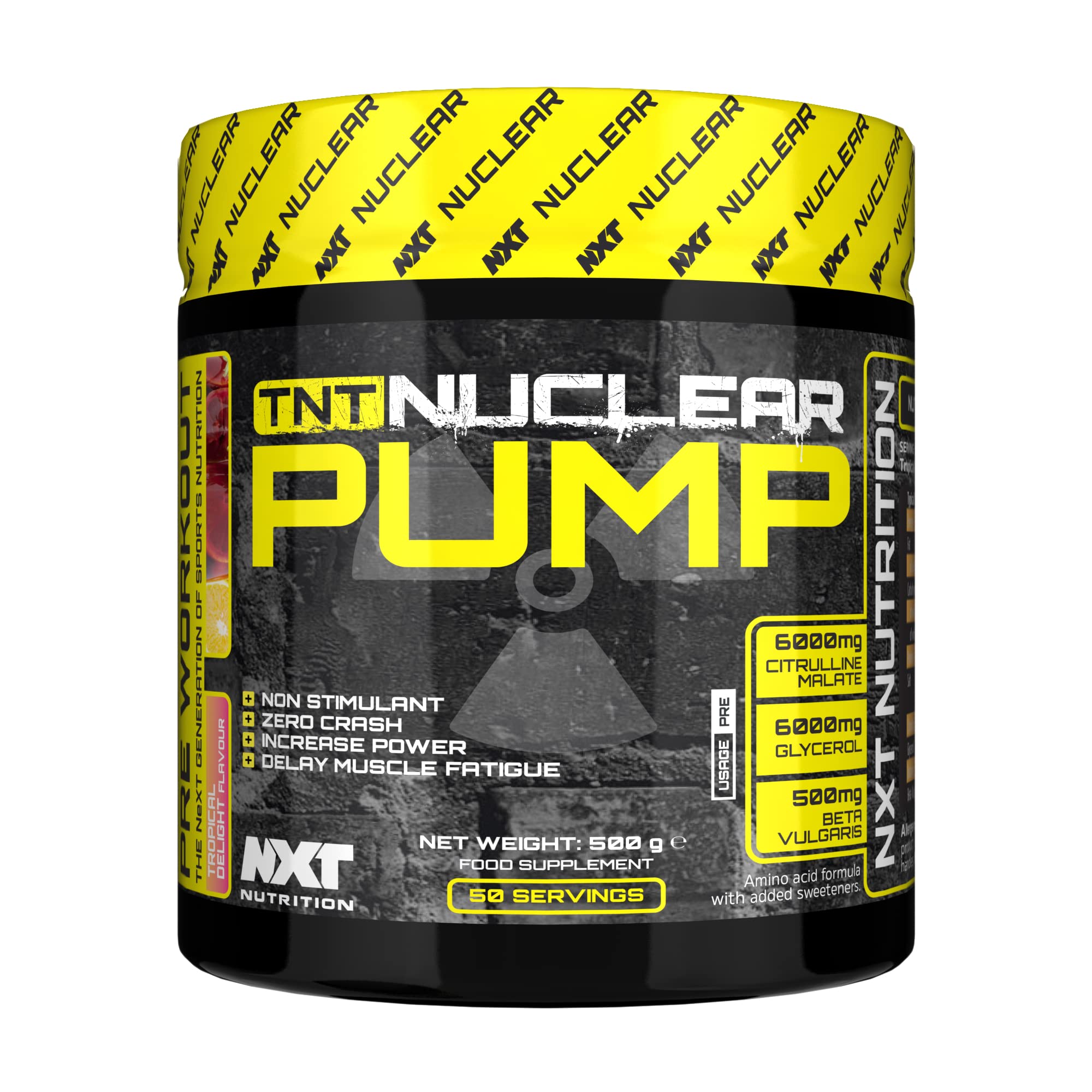 NXT TNT Nuclear Pump - 500g | Non Stimulant Pre-Workout | Decrease Fatigue | Increase Strength - All Flavours (Tropical Delight)