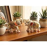 eSplanade Marble Elephant Family - Set of 2 - Sculpture Showpiece Figurines - Home Decor - White Multi - 3" Inches (Small)