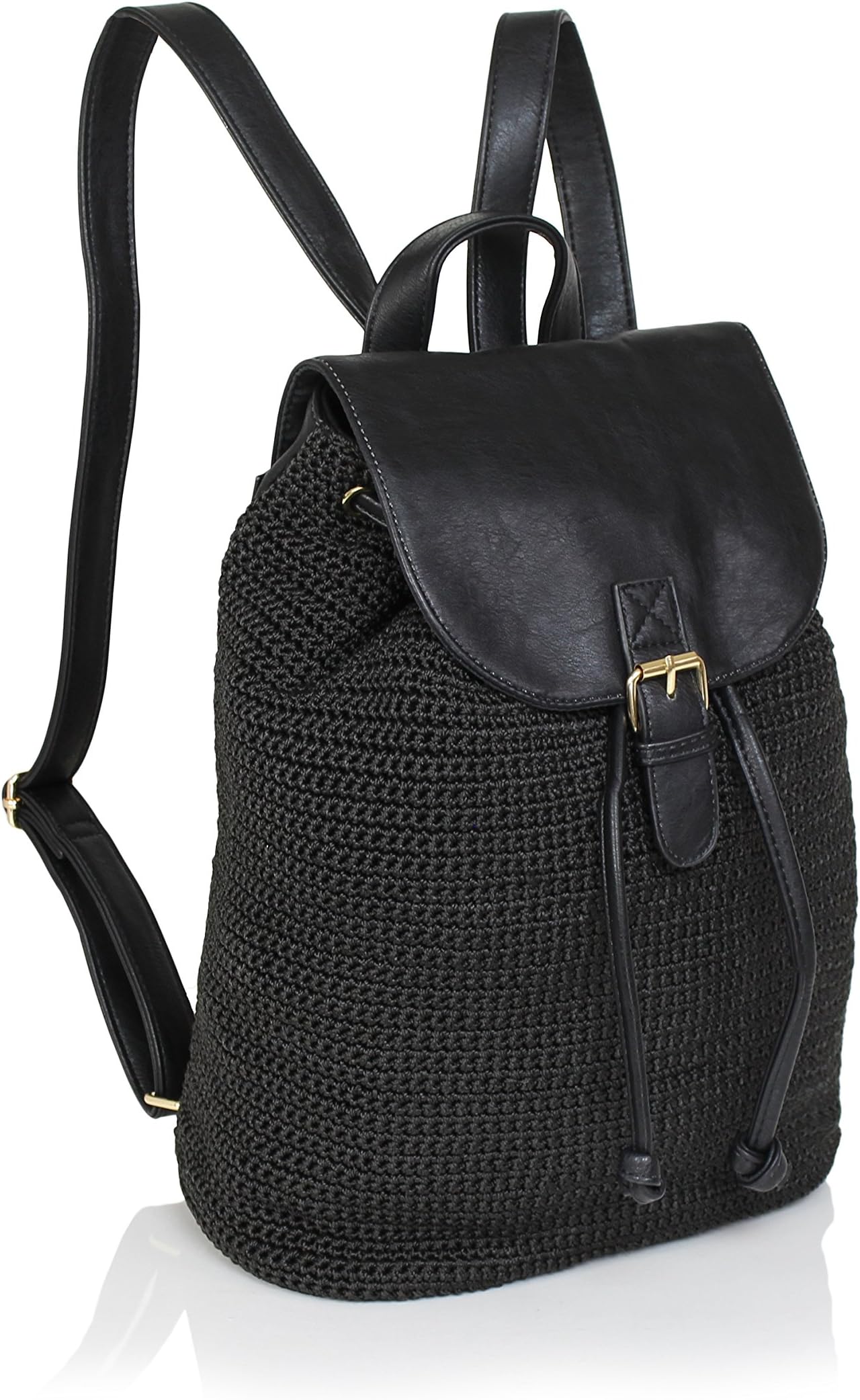Slouchy Boho Backpack Crochet, Stylish Crochet Bag, Faux Leather Trim School Bag