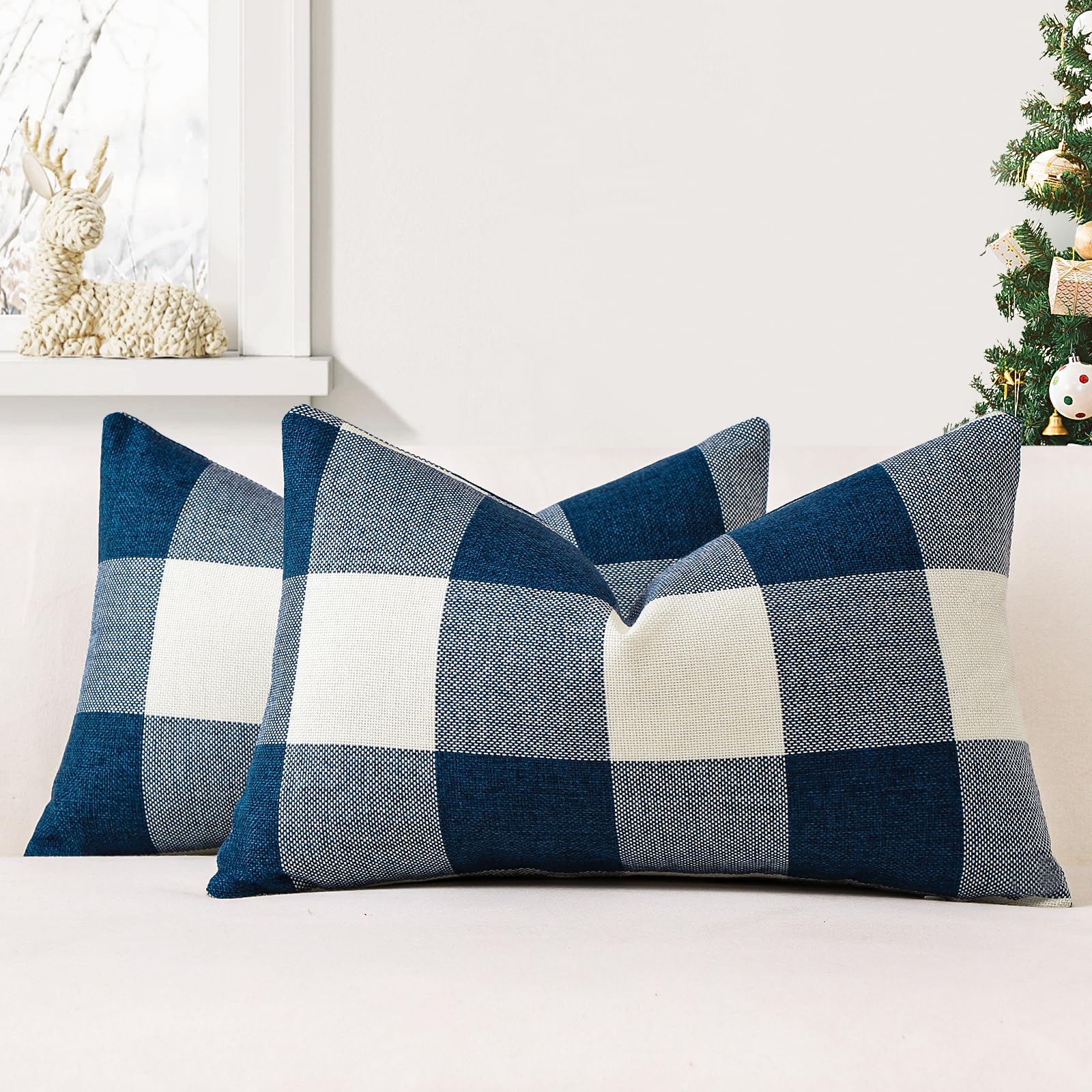 JOTOM Set of 2 Classic Plaids Cushion Covers 30x50 cm Farmhouse Buffalo Check Soft solid Decorative Throw Pillow Covers Home Decor Outdoor Cushion Case for Sofa Bedroom (Navy Blue)