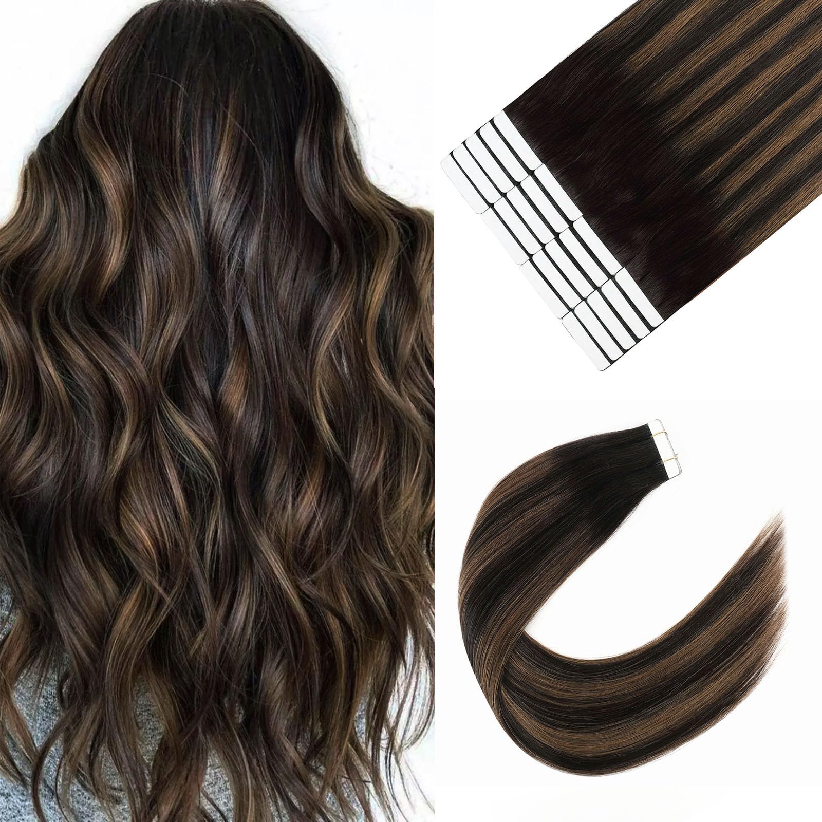 Sixstarhair Brown Tape In Hair Extensions Human Hair Chocolate Brown Highlighted Caramel Blonde Tape In Extensions Brown Balayage Tape Hair Extensions Human Hair 50g 20pcs [P2/6/2 20inch]