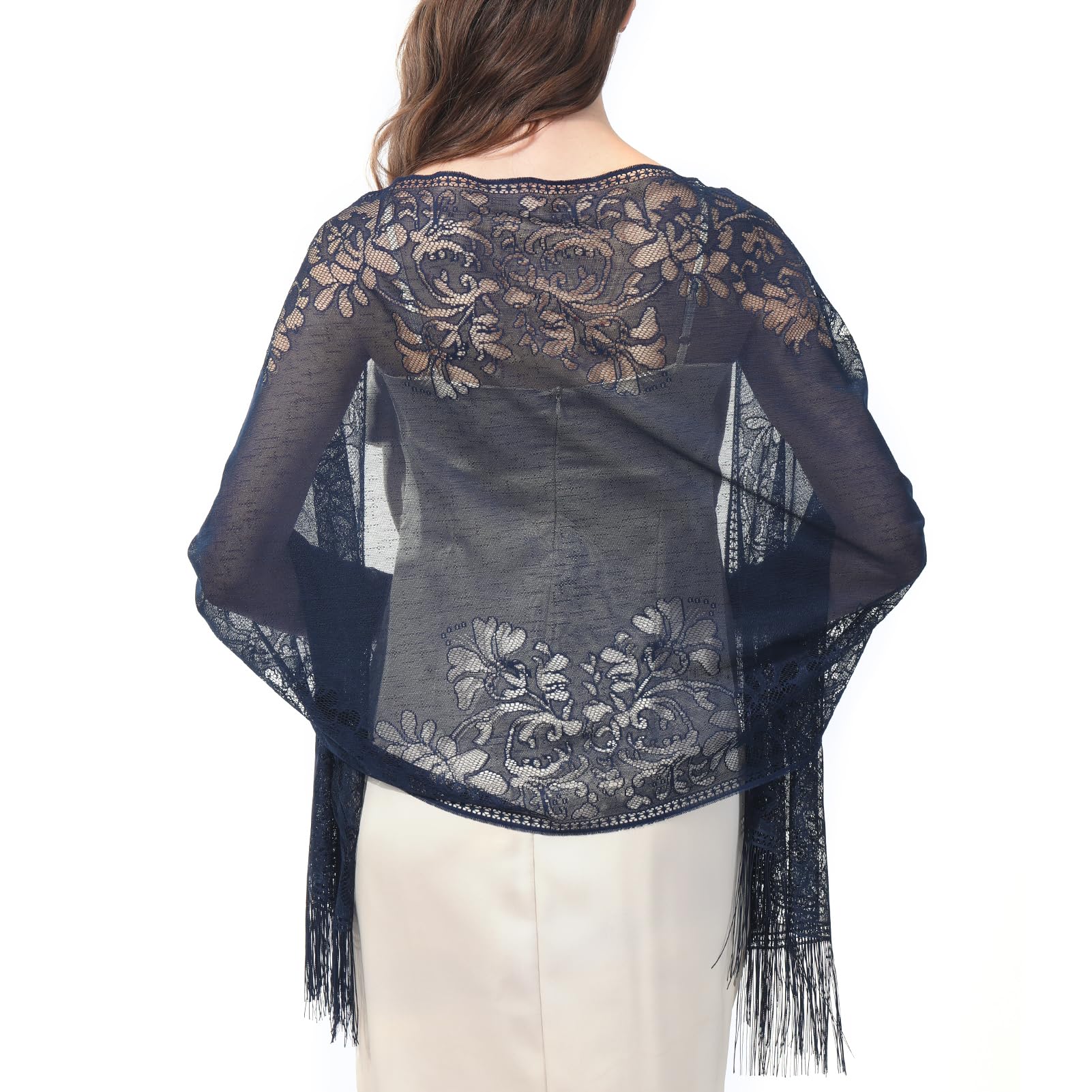 Ladiery Women's Floral Lace Scarf Shawl with Tassels, Soft Mesh Fringe Wraps for Wedding Evening Party Dresses