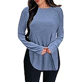 COCCKO Womens Long Sleeve T Shirts Fall Fashion 2025 Crew Neck Pleated Side Split Tunic Tops To Wear With Leggings