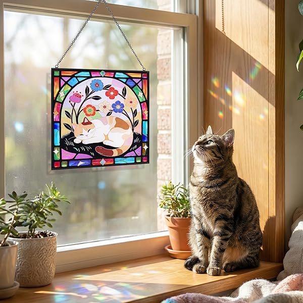 CAT STAINED GLASS WINDOW HANGING, 7.9″ SQUARE SUNCATCHER WITH CHAIN SUCTION CUP, CUTE KITTEN SUN CATCHERS INDOOR WINDOW, COLORFUL CAT DECOR FOR WALL, PORCH, BIRTHDAY, SLEEPY CALICO