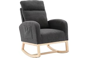 LUSPAZ Modern Accent Rocking Chair, Solid Wood Legs, Upholstered Nursery Glider Rocker, Comfy Armchair with Side Pocket, Living Room Lounge Arm Chair with High Backrest, Dark Grey