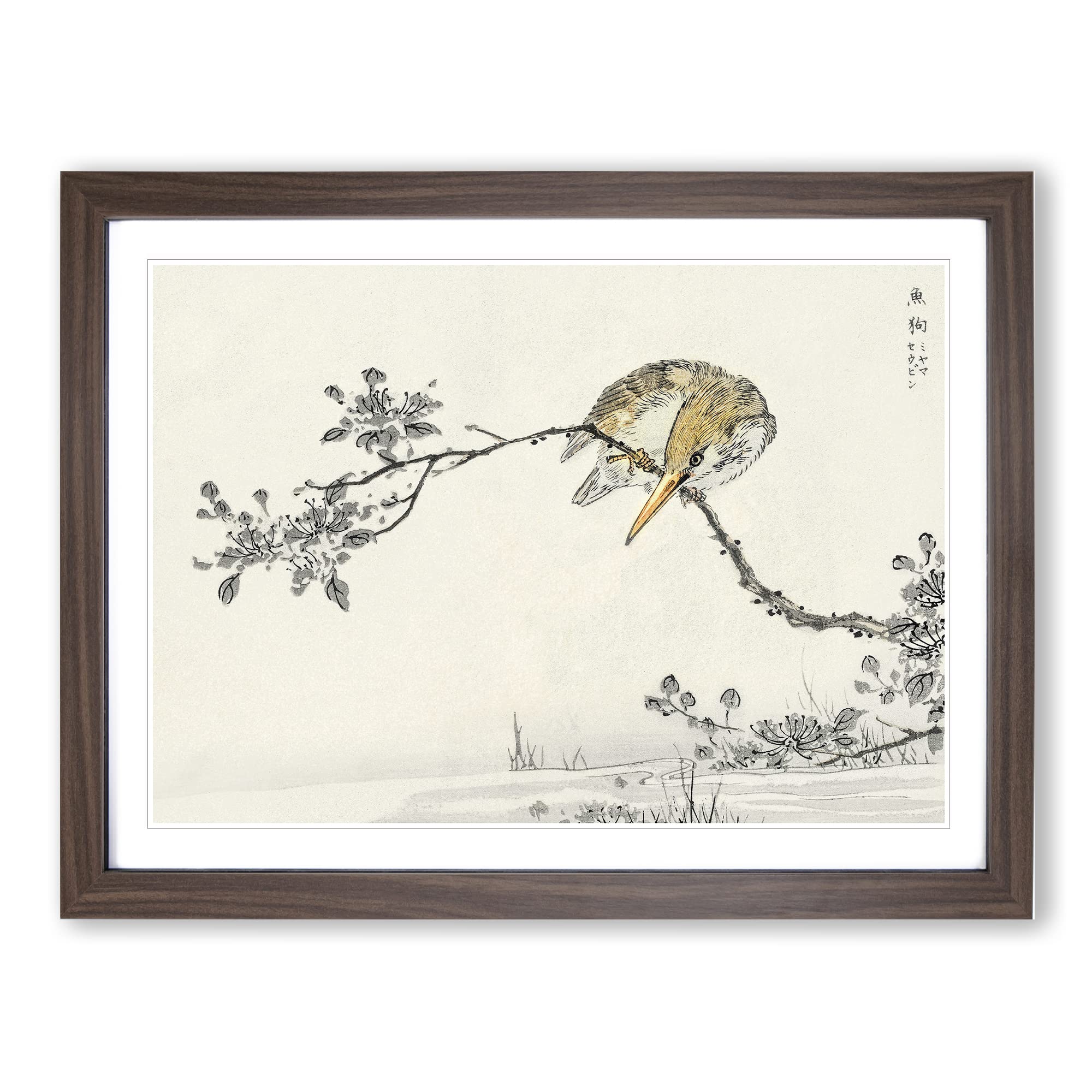 Pied Kingfisher By Numata Kashu Asian Japanese Framed Wall Art Print, Ready to Hang Picture for Living Room Bedroom Home Office Décor, Walnut A4 (34 x 25 cm)