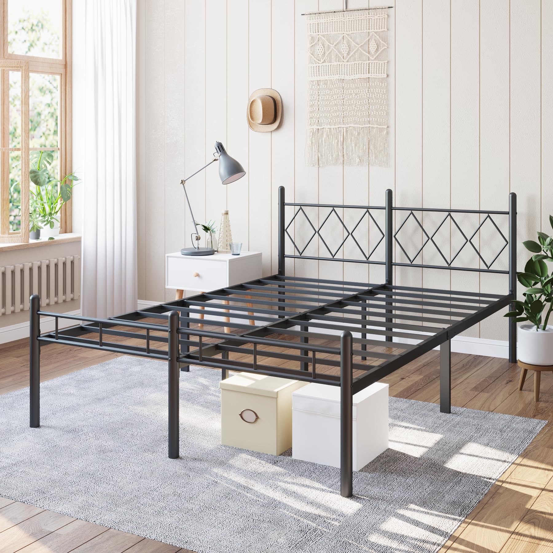 Photo 1 of ***MISSING HARDWARE**Kinshionroyal 14 Inch Full Size Bed Frame No Box Spring Needed,Metal Platform with Headboard and Footboard,Heavy Duty Slats Support Easy Assemble Noise Free(Black and Rhombus)