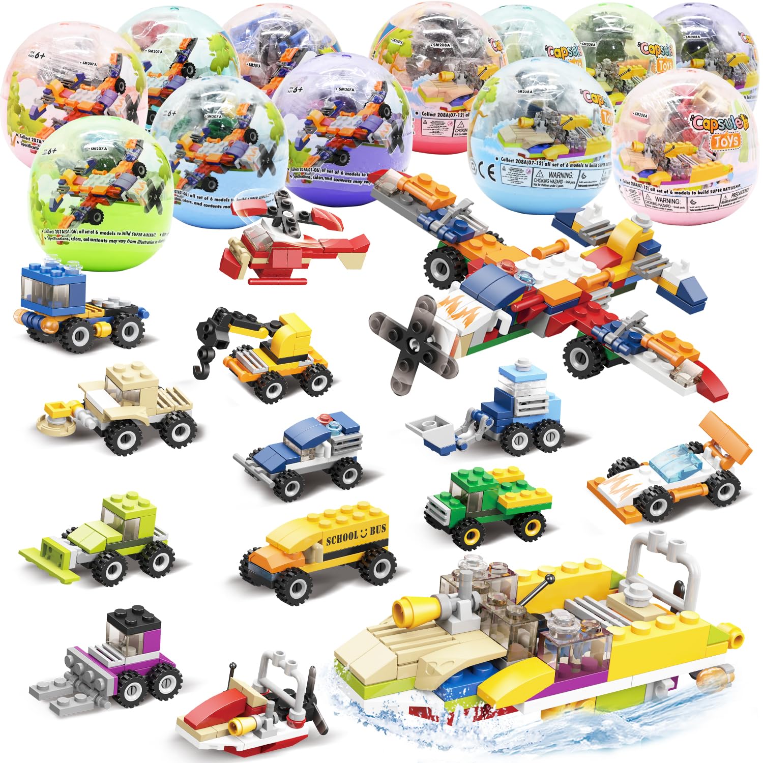 12Pcs Pre Filled Easter Eggs with Vehicles Building Blocks, Egg Surprise Toy for Easter Hunt, Easter Basket Stuffers