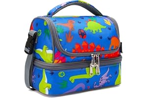 FlowFly Kids Double Decker Cooler Insulated Lunch Bag Large Tote for Boys, Girls, Men, Women, With Adjustable Strap, Dinosaur