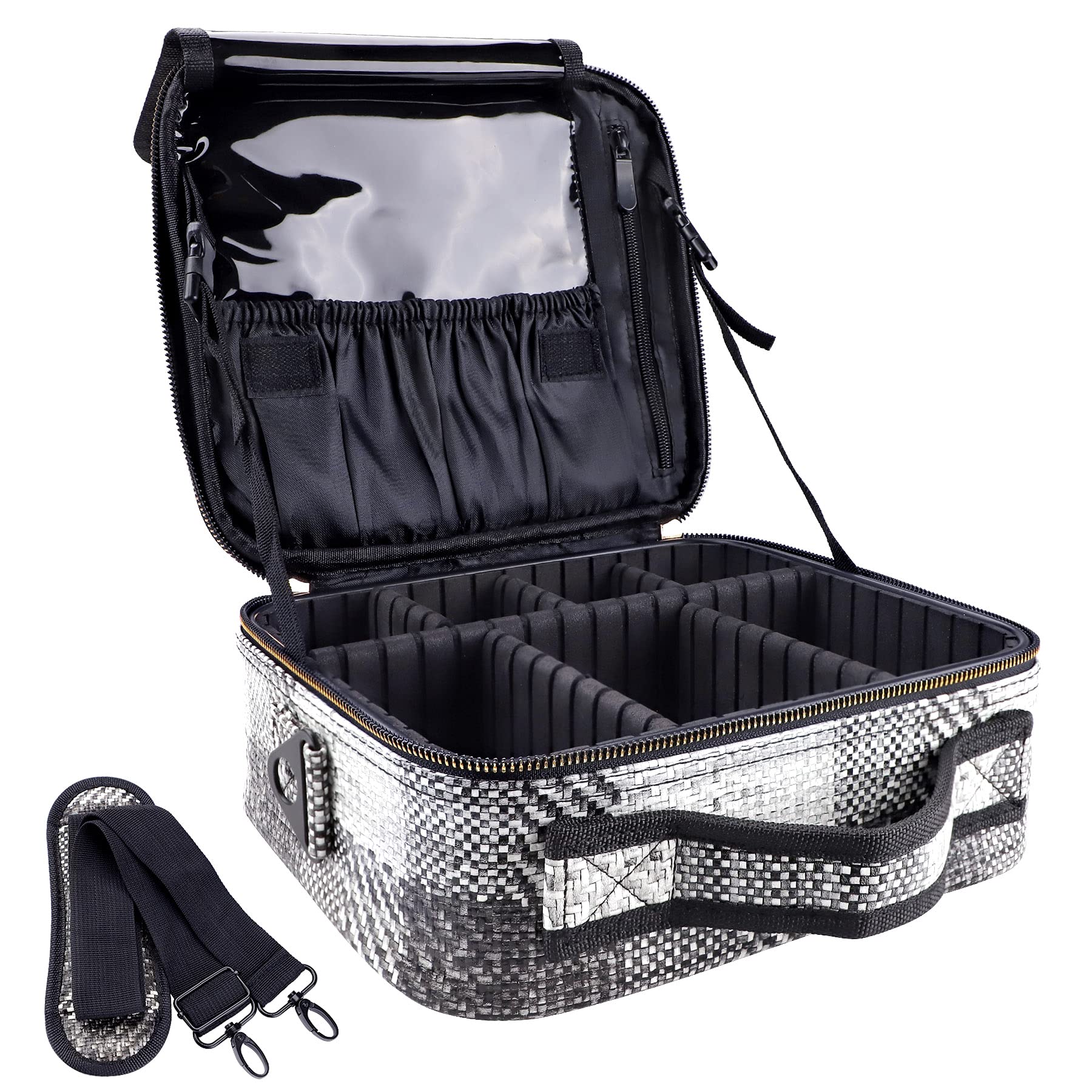 OEWOER Makeup Bag 2 Layers Cosmetic Organizer Case Portable Artist Travel Make up Storage Box with Shoulder Strap and Adjustable Dividers for Cosmetics Makeup Brushes Toiletry Accessories (Small)