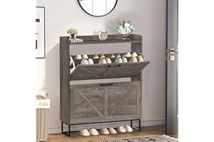 BTDWI Hidden Shoe Storage Cabinets with 2 Flip Drawers and Metal Legs, Freestanding Narrow Shoe Organizer Rack for Entryway, Rustic Grey