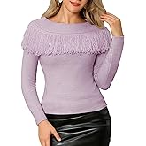 WLLW Women's Fringe Tops Juniors Boat Neck Sweater Long Sleeve Pullover Sweater Slim Fit Off Shoulder Sweaters