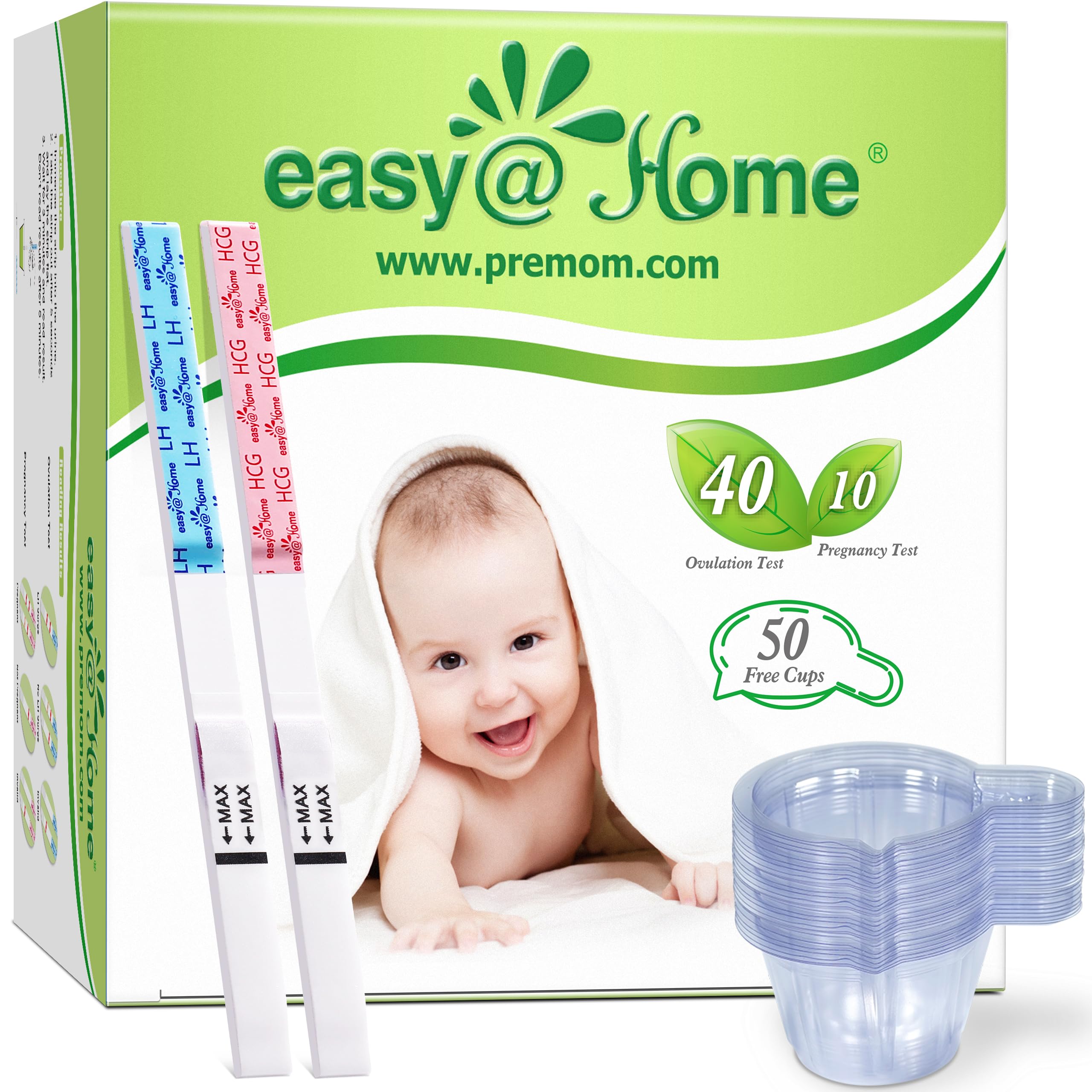 Ovulation & Pregnancy Test Strips Kit: Easy@Home 40 Ovulation Strips and 10 Pregnancy Tests Accurate Fertility Tracker OPK Powered by Premom Ovulation APP | 40LH + 10HCG + 50 Urine Cups