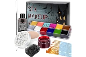 Wismee Face Paint Kit Sfx Makeup Special Effects Kit with Wound Scar Wax, Fake Scab Blood, Makeup Spatula for Halloween Cosplay Oil Based Professional Face Paint Palette Set