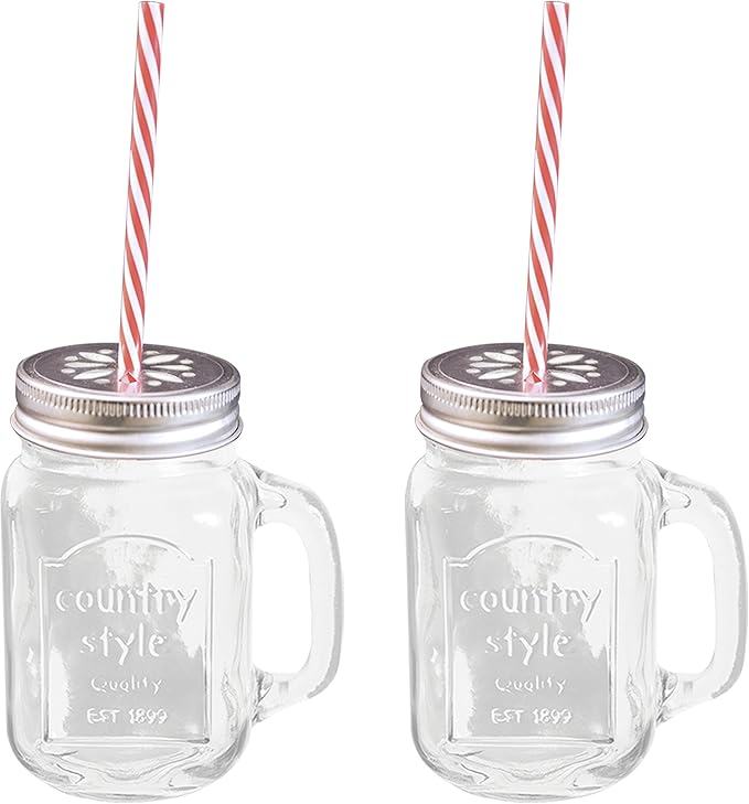 The Vintage Company Pack of 2 Clear Glass Mason Jars with Handles, Lids