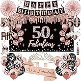 50th Birthday Decorations for Women, 33pcs 50th Birthday Crown and Sash, Black Rose Gold Happy 50th Birthday Banner Balloons Backdrop Hanging Swirls Paper Fans, 50 Years Old Birthday Decorations Kit